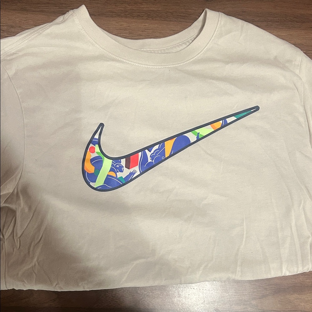 Nike Beige Tee with Multicolor Swoosh